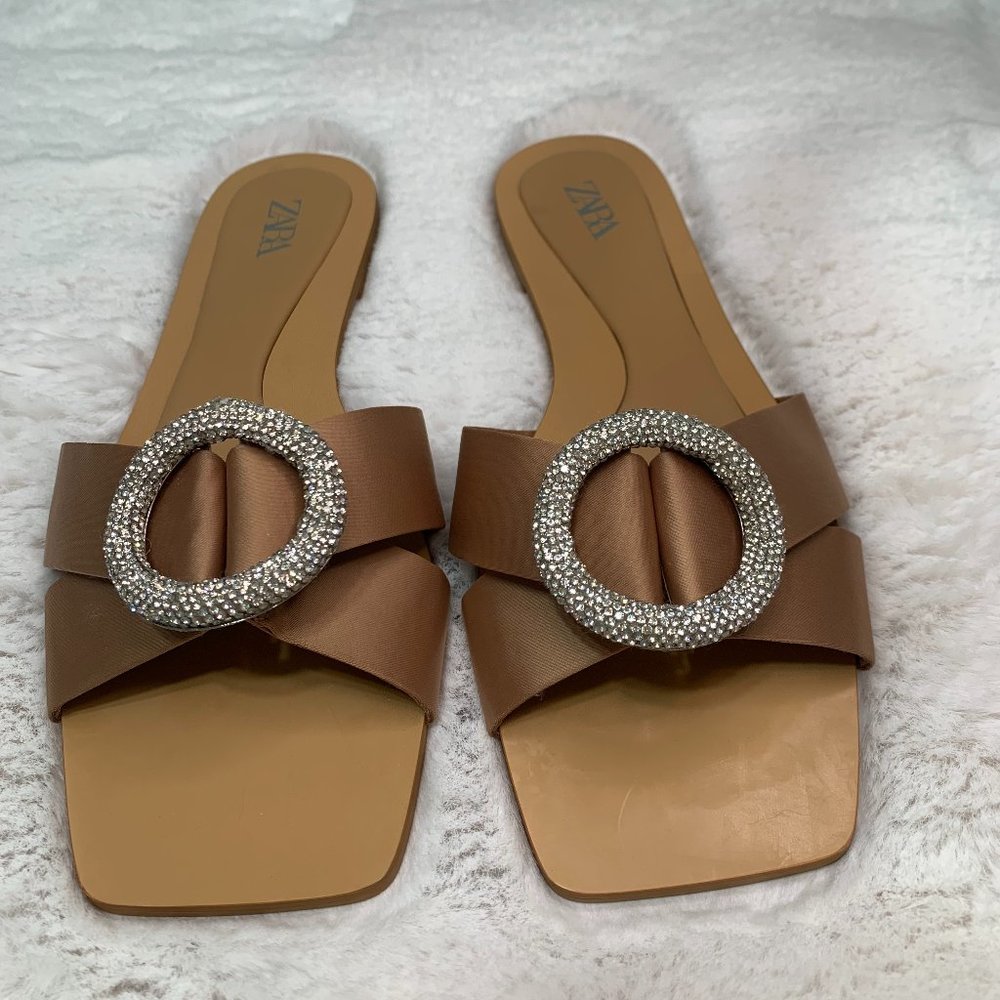 SOLD ON OTHER PLATFORM: ZARA Caramel Satin Crystal Embroidered Flat Sandals 6.5